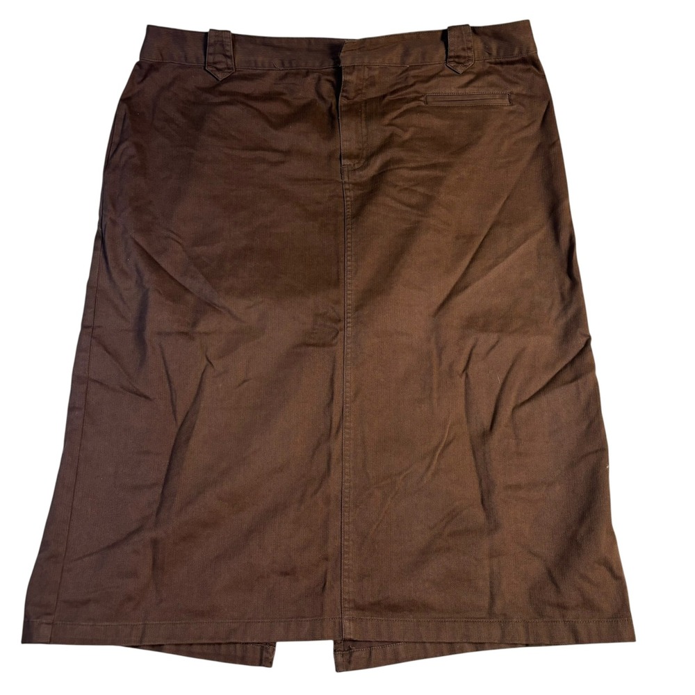 Crazy Horse Liz Claiborne Brown Cotton Stretch Midi Skirt Back Slit Size 16